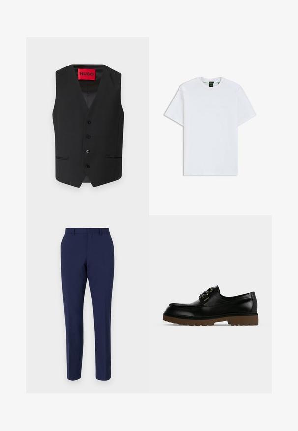 Chaleco negro con textura suave, diseño en V, cierre frontal con cinco botones y dos bolsillos laterales. La etiqueta dice "HUGO" en rojo.; Camiseta blanca lisa de manga corta con cuello redondo, con un pequeño logo en relieve en el pecho y una etiqueta negra en el interior del cuello.; Pantalones ajustados azul marino hechos de una tela suave, con un corte slim, frente plano y una cinturilla estándar con pasadores para cinturón.; Zapato de piel negro de corte bajo con suela gruesa marrón estriada, cordones delanteros y logo dorado "Hugo" en el lateral.
