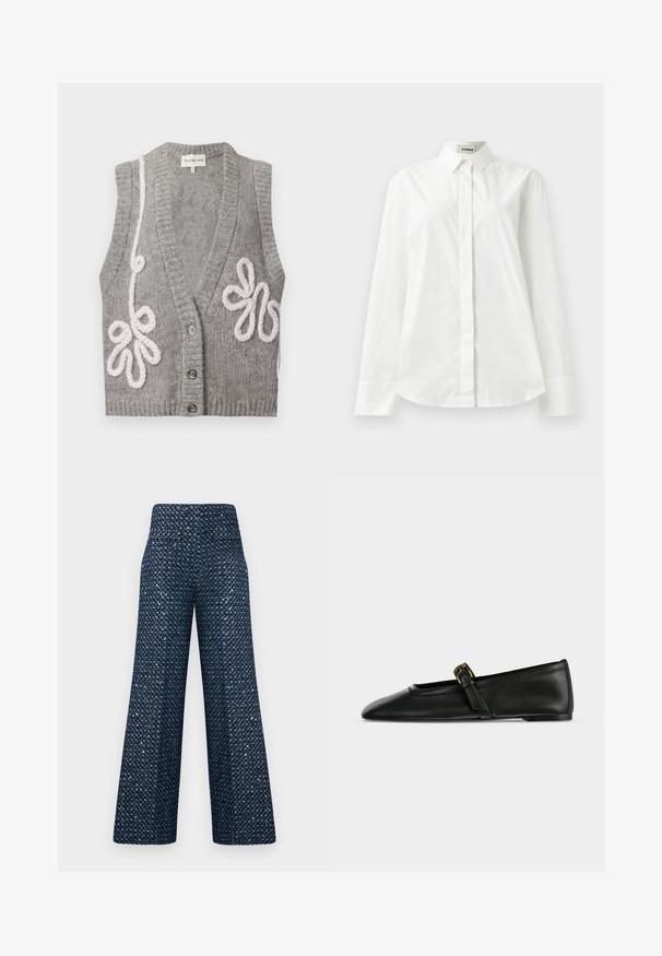 Cardigan sans manches gris tricoté avec un col en V profond, trois boutons et une broderie florale blanche en boucles sur les côtés avant.; Chemise blanche en coton à manches longues avec un col pointu, fermeture à boutons sur le devant et ourlet arrondi. Texture lisse, coupe régulière et sans motifs.; Pantalon taille haute à jambes larges en tissu bleu marine recouvert de sequins argentés denses créant un effet scintillant.; Chaussure plate Mary Jane en cuir noir à bout pointu avec une fine bride munie d'une petite boucle dorée, présentée de côté sur un fond uni.