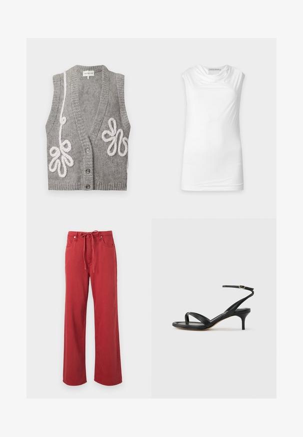 Cardigan sans manches gris tricoté avec un col en V profond, trois boutons et une broderie florale blanche en boucles sur les côtés avant.; Haut blanc sans manches avec encolure drapée, en tissu lisse, étiqueté Tiger of Sweden sur fond uni.; Pantalon rouge taille haute jambes droites avec poches avant et ceinture à cordon sur un fond clair.; Sandale pour femme en cuir noir avec fines lanières, une boucle d'orteil, une boucle à la cheville et un talon aiguille de hauteur moyenne sur un fond neutre.