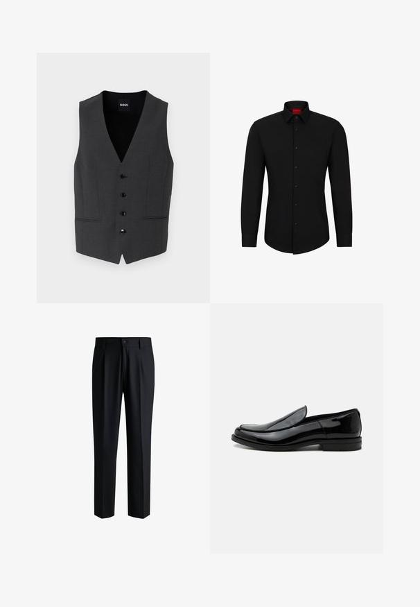 Chaleco gris oscuro de corte ajustado, con cierre de cinco botones, solapas de muesca y dos bolsillos frontales. Fabricado en una tela texturizada. Etiqueta de la marca: BOSS.; Camisa negra de manga larga con botón frontal, cuello clásico y dobladillo redondeado; cuenta con botones negros y un logotipo rojo en el interior del cuello.; Pantalones negros de tela suave, con un diseño de pierna recta, pliegues en la parte delantera y cierre de botón con trabillas para cinturón.; Zapato de vestir negro de piel brillante tipo slip-on con tacón bajo y punta redondeada, visto de lado sobre un fondo blanco liso.
