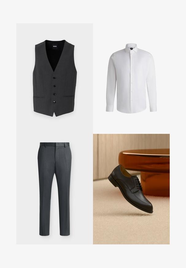 Chaleco gris oscuro de corte ajustado, con cierre de cinco botones, solapas de muesca y dos bolsillos frontales. Fabricado en una tela texturizada. Etiqueta de la marca: BOSS.; Camisa blanca de manga larga hecha de algodón suave, con un cuello clásico, botonera completa y puños abotonados. Diseño minimalista.; Pantalones formales de color gris oscuro con trabillas para cinturón y líneas de pliegue, exhibidos sobre un fondo claro y liso.; Zapato de vestir negro de cuero con cordones flotando sobre una alfombra beige, con una mesa redonda naranja al fondo.