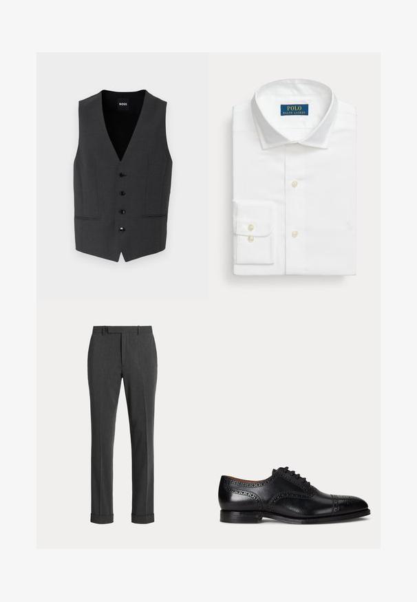 Mørkegrå vest med slim fit, fem knaplukninger, notch-lapel og to forlommer. Fremstillet af et tekstureret stof. Mærke: BOSS.; Hvid skjorte af bomuld med klassisk krave, knapmanchetter og en lille broderet logo på brystet.; Mørkegrå bukser lavet af tekstureret stof, med lige ben, bæltestropper og opsmøg ved kanterne.; Sort herresko i læder med brogue-detaljer, kapfod og snørelukning vist fra ydersiden på en ensfarvet baggrund.