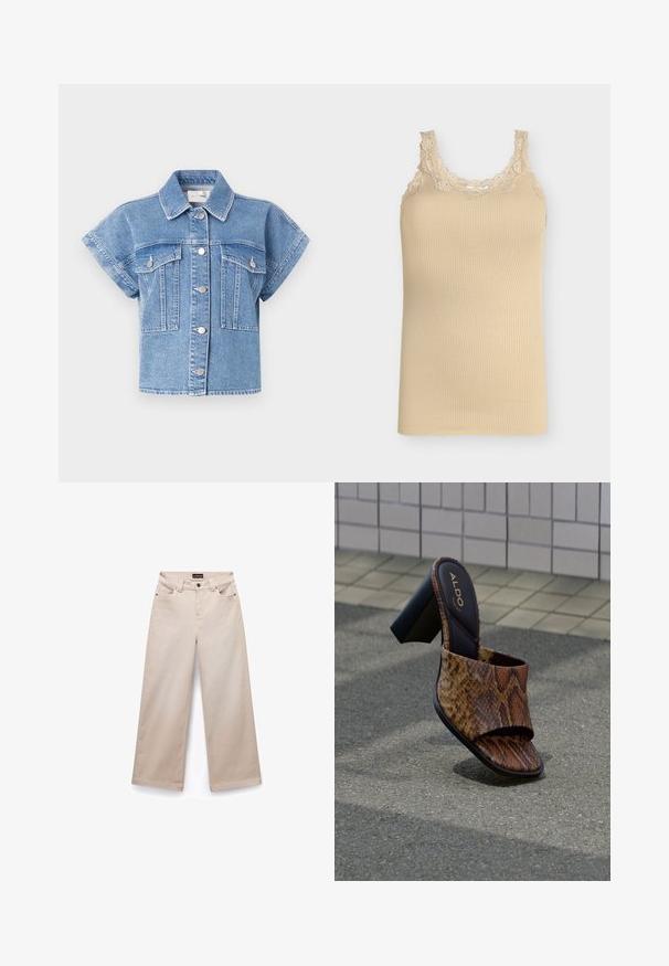 Lichtblauwe denim korte mouwen jacket met een kraag, knoopsluiting aan de voorkant en twee grote borstzakken. Kenmerken zijn stiksels en zilveren knopen.; Beige geribd hemdje met kanten biezen rond de halslijn en bandjes, mouwloos, aansluitende pasvorm.; Beige wijde broek van katoen met een gladde textuur. Beschikt over vijf zakken, riemlussen en zilverkleurige hardware aan de voorkant.; Bruine open teen muilezel met slangenprint en hoge hak met zwarte blokhak op een getextureerd trottoir naast een betegelde muur.