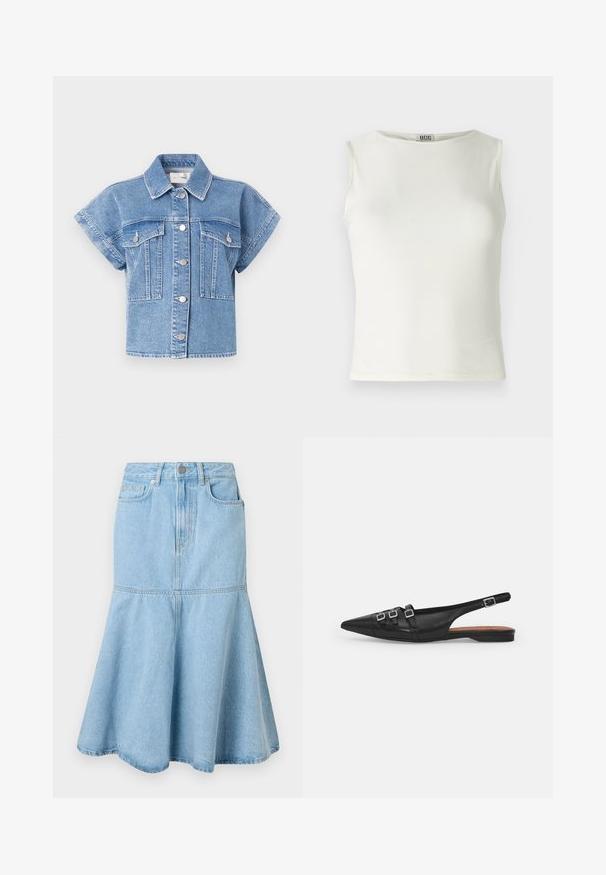 Heledsinine denim lühikeste varrukatega jakk, millel on kraega kaelus, nupuga eesmine sulgumine ja kaks suurt rinna taskut. Omab tikkimist ja hõbedasi nuppe.; Valge ilma varrukateta tipp, mis on valmistatud siledast kangast, ümarate kaelustega ja puhaste servadega, keha lähedane siluett. Brändi silt on nähtav.; Hele sinine teksaseelik flared alt, millel on sobituv talje, taskud ja õrnad õmbluse detailid.; Must must nahk slingback tasase jala king, terav nina, millel on kaks horisontaalset rihma ja ruudukujulised hõbedased sanga, madal konts ja sile tekstuur.