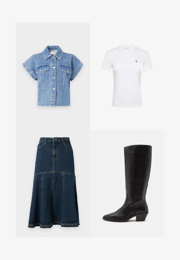 Chaqueta de mezclilla de manga corta color azul claro con cuello, abertura con botones y dos grandes bolsillos en el pecho. Presenta costuras y botones plateados.; Camiseta blanca de manga corta en tela suave con cuello redondo. Cuenta con un pequeño logotipo negro "ck" en el pecho izquierdo. Corte clásico.; Falda de mezclilla en azul oscuro con forma acampanada, con cintura alta, bolsillos delanteros y un dobladillo sin rematar. Textura desgastada y detalles de costura.; Bota de cuero negra hasta la mitad de la pantorrilla con puntera puntiaguda y tacón bajo inclinado sobre un fondo claro y liso.
