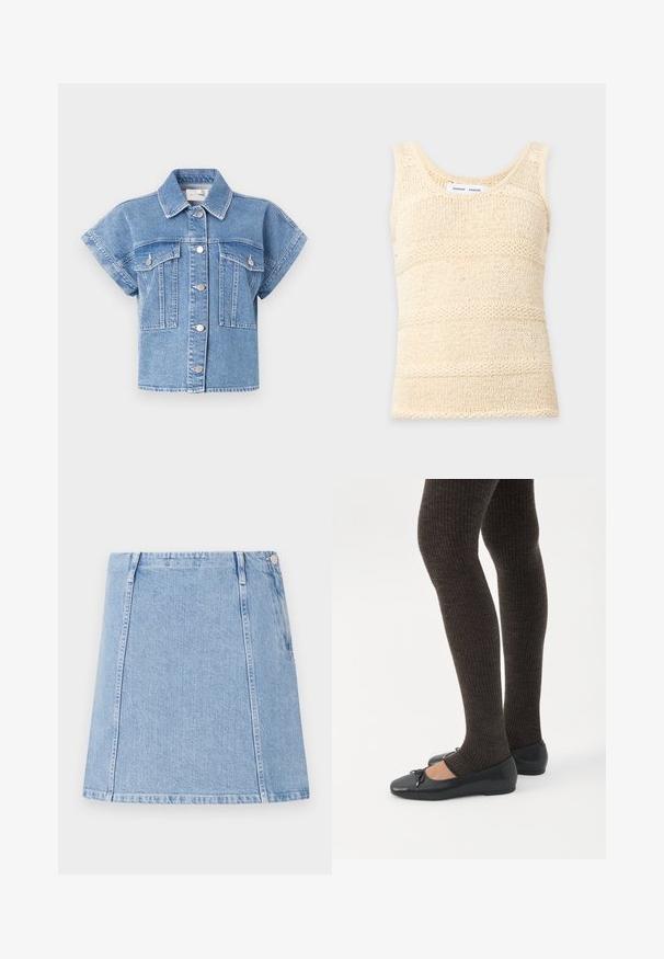 Lichtblauwe denim korte mouwen jacket met een kraag, knoopsluiting aan de voorkant en twee grote borstzakken. Kenmerken zijn stiksels en zilveren knopen.; Gebreide, mouwloze tanktop in crèmekleur met een gestructureerd horizontaal streeppatroon en een ronde halslijn.; Lichtblauwe spijkerrok met een rechte snit, zichtbare stikseldetails en een zijzak. Het materiaal is gestructureerd met een zachte afwerking.; Benen met donkere geribbelde leggings gecombineerd met zwarte ballerina's met kleine strikdetails op een witte achtergrond.