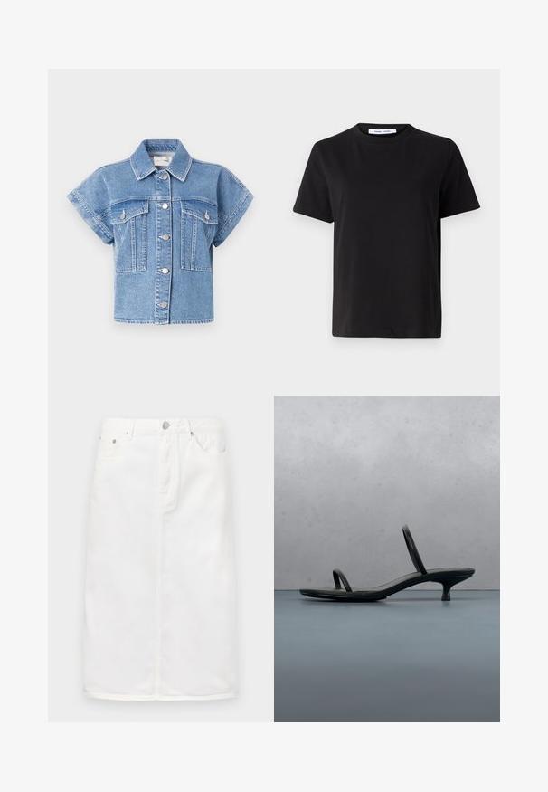 Lichtblauwe denim korte mouwen jacket met een kraag, knoopsluiting aan de voorkant en twee grote borstzakken. Kenmerken zijn stiksels en zilveren knopen.; Zwart T-shirt met korte mouwen, gemaakt van zachte katoen, met een ronde hals, een ontspannen pasvorm en een gladde textuur. Geen zichtbare patronen of opdrukken.; Witte denim rok met een ritssluiting aan de voorkant, vijf-pocket ontwerp en een rechte silhoutte met stikselaccenten.; Zwarte Calvin Klein sandaal met hoge hak en dunne bandjes, in balans op houten tegels buiten, vlakbij een muur en groen.