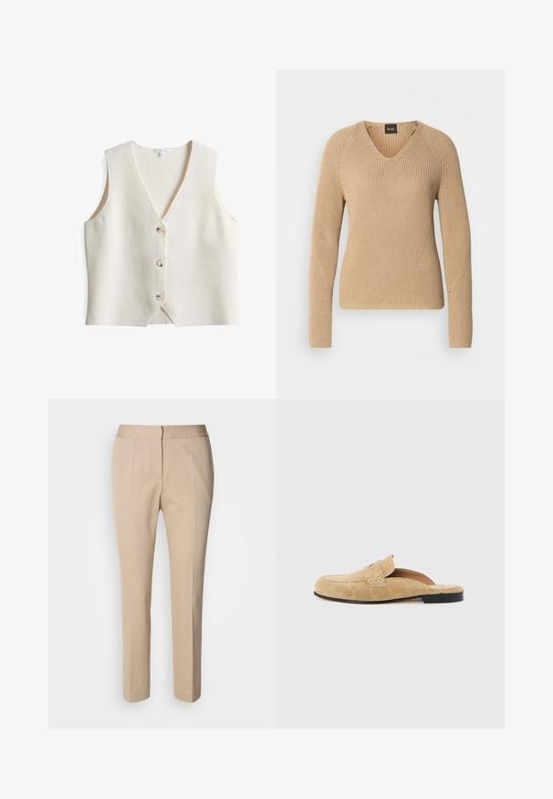 Witte wolmix vest met een V-hals, mouwloos ontwerp en vier ronde knopen aan de voorkant. Zachte textuur en iets losse pasvorm.; Beige gebreide trui met een V-hals, lange mouwen en een geribbelde textuur met diagonale stikdetails op de schouders.; Beige op maat gemaakte broeken met een gestructureerde stof, slanke pasvorm, middelhoge taille en rechte pijpen. Knopen- en ritssluiting aan de voorkant.; Beige suède leren loafer zonder achterkant met een zwarte zool en gestikte details op een eenvoudige lichte achtergrond.