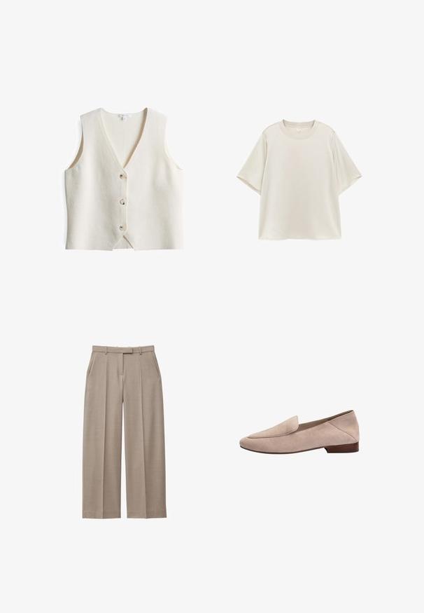 Witte wolmix vest met een V-hals, mouwloos ontwerp en vier ronde knopen aan de voorkant. Zachte textuur en iets losse pasvorm.; Effen lichtbeige T-shirt met korte mouwen en een ronde hals, met een losse pasvorm, plat uitgestald op een witte achtergrond.; Beige wijde broek met riemlussen, voorplooien, zijzakken en een verborgen voorvaksluiting.; Beige suède lage loafers met lage hak, een afgeronde neus en nette stiksels, weergegeven vanaf de buitenkant op een witte achtergrond.