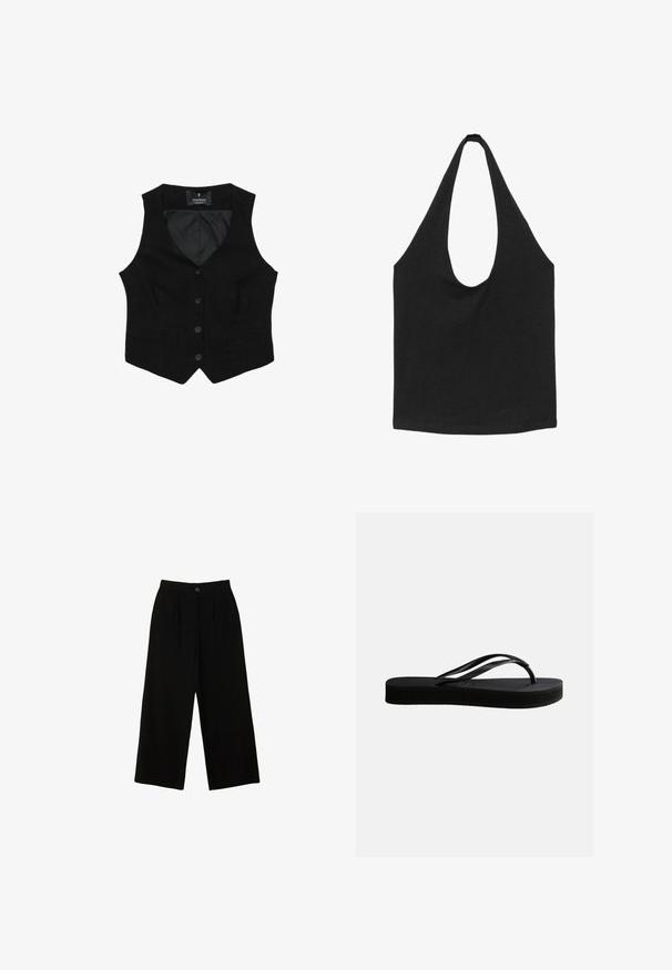 Veste noire sans manches cintrée avec quatre boutons sur le devant et un col en V, fabriquée par Stradivarius.; Sac cabas en tissu noir avec des bretelles larges et arrondies et un compartiment principal ouvert, présenté sur fond blanc.; Un pantalon large noir fabriqué dans un matériau lisse, avec une taille haute, des plis à l'avant et une fermeture par un bouton en haut.; Tongs en caoutchouc noir avec semelle texturée et bride en forme de Y, vues de côté sur un fond clair uni.