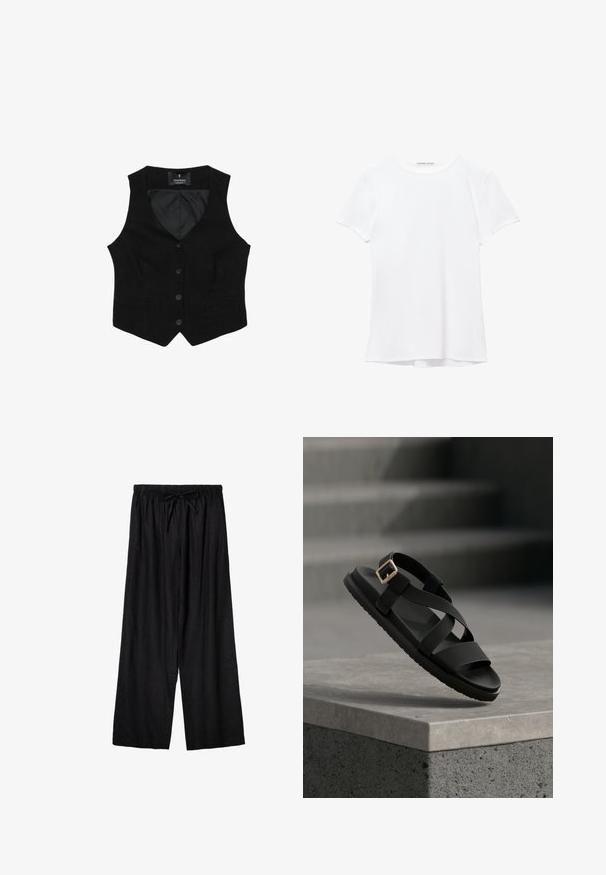 Gilet noir avec un décolleté en V, cinq boutons sur le devant, deux poches latérales et une doublure intérieure lisse. Pas de motifs visibles ni d'accents en matériel.; T-shirt blanc à manches courtes en tissu lisse, avec un col rond et de subtils détails de couture à l'ourlet.; Pantalon ample noir à taille élastique avec cordon de serrage devant, fabriqué en tissu léger.; Sandale noire à brides croisées avec boucle dorée, posée sur le bord d'une surface en béton avec des marches grises en arrière-plan.