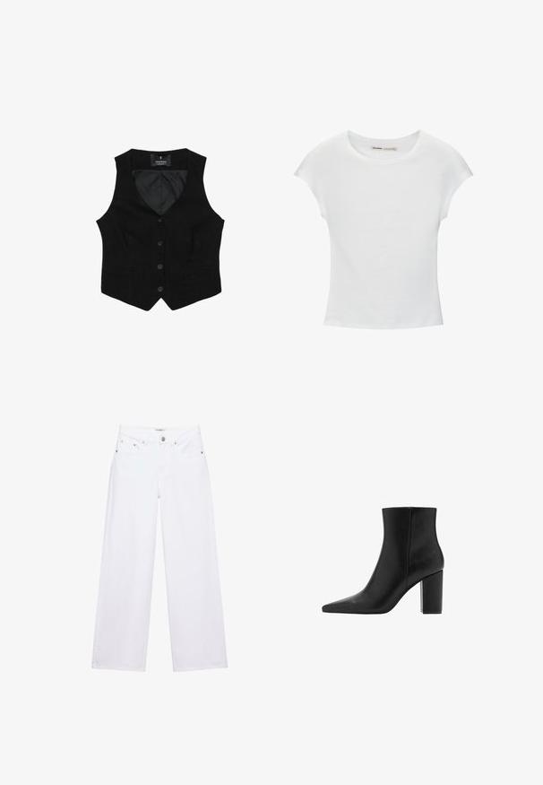 Gilet noir avec un décolleté en V, cinq boutons sur le devant, deux poches latérales et une doublure intérieure lisse. Pas de motifs visibles ni d'accents en matériel.; T-shirt en coton blanc avec manches courtes retroussées, encolure ronde et ourlet droit. Texture lisse sans motifs ni accents visibles.; Jean blanc taille haute à jambes larges avec fermeture à boutons et zip, poches avant et arrière, et détails en rivets argentés.; Bottines en cuir noir avec un bout pointu et un talon bloc. Texture lisse et design minimaliste, avec une tige de hauteur moyenne.