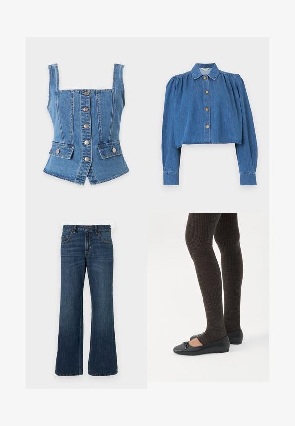 Veste en jean bleu sans manches avec des boutons à l'avant et deux poches à rabat sur un fond blanc uni.; Veste en denim bleu courte avec manches longues bouffantes, fermeture à boutons sur le devant et col classique.; Jean large bleu foncé avec une conception classique à cinq poches, doté d'une fermeture à bouton et de légères décolorations. Fabriqué en tissu denim.; Jambes portant des leggings côtelés foncés associés à des ballerines noires avec de petits détails en nœud sur fond blanc.
