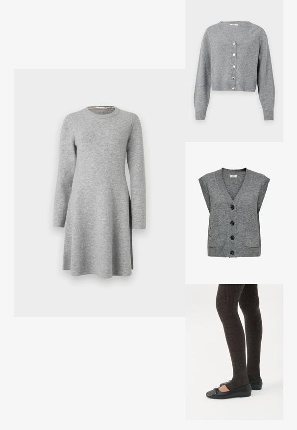 Grijze gebreide vest met V-hals, korte mouwen en vijf zwarte knopen. Voorzien van twee zijzakken en ribbelstructuur aan de randen.; Lichtgrijze, cropped cardigan met lange mouwen en V-hals, geribbelde manchetten en zoom, en zes parelachtige knopen aan de voorkant.; Grijze langslavend dress van zachte stof; heeft een ronde halslijn en een ontspannen pasvorm, die iets uitloopt aan de zoom met zijsplitten.; Benen met donkere geribbelde leggings gecombineerd met zwarte ballerina's met kleine strikdetails op een witte achtergrond.