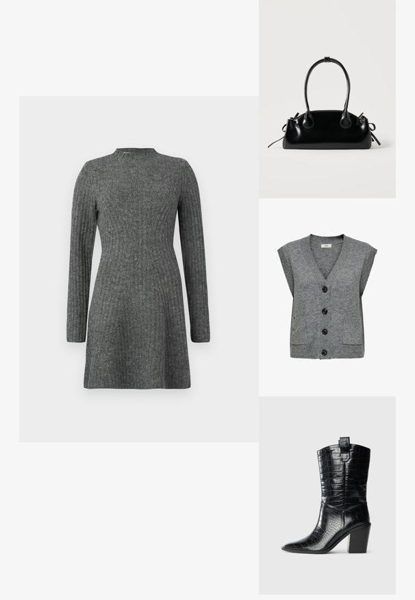 Chaleco de punto gris con escote en V, mangas cortas y cinco botones negros. Presenta dos bolsillos frontales y textura acanalada en los bordes.; Vestido de canalé hasta la rodilla en gris oscuro, con mangas largas y escote alto, fabricado en un suave tejido texturizado.; Botas western negras hasta media pantorrilla con punta afilada, tacón de bloque y textura de cuero brillante con estampado de cocodrilo sobre fondo blanco.; Pequeño bolso negro brillante con dos asas largas y detalles de cordón lateral sobre un fondo claro liso.