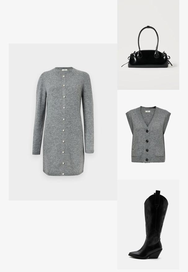 Chaleco de punto gris con escote en V, mangas cortas y cinco botones negros. Presenta dos bolsillos frontales y textura acanalada en los bordes.; Vestido de cárdigan gris hecho de un suave tejido de punto, con un escote redondo, mangas largas y cierres de botones de perla por el frente.; Bota de vaquero de cuero negro con punta puntiaguda, tacón bloqueado inclinado, costuras decorativas y lengüetas en la parte superior sobre fondo blanco.; Pequeño bolso negro brillante con dos asas largas y detalles de cordón lateral sobre un fondo claro liso.