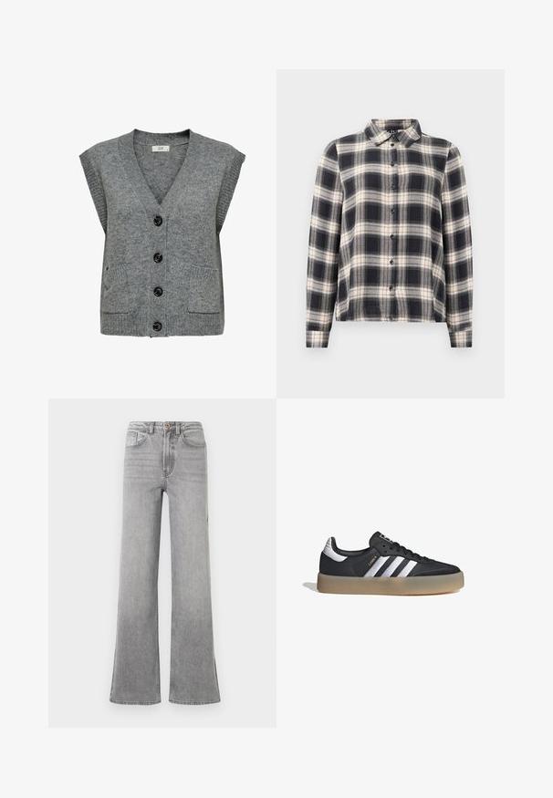 Chaleco de punto gris con escote en V, mangas cortas y cinco botones negros. Presenta dos bolsillos frontales y textura acanalada en los bordes.; Camisa de cuadros de manga larga en azul marino, blanco y beige. Presenta un cuello estándar, cierre frontal con botones y una tela suave con un patrón de cuadros.; Jeans de mezclilla gris de campana con una cintura alta, bolsillos delanteros, trabillas para el cinturón y un sutil diseño descolorido, presentados sobre un fondo blanco.; Zapatilla deportiva de cuero negro con tres rayas plateadas, punta texturizada y suela de goma. Cuenta con un collar acolchado y un diseño con cordones.