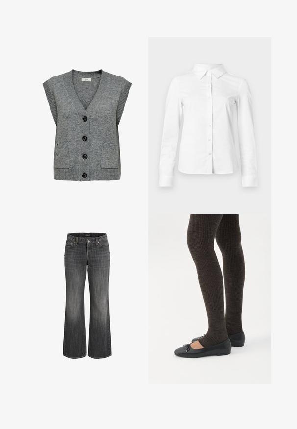 Gilet en tricot gris avec un col en V, des manches courtes et cinq boutons noirs. Il dispose de deux poches avant et d'une texture côtelée sur les bords.; Chemise blanche à manches longues avec boutons, col pointu, ourlet droit et silhouette ajustée, présentée sur un fond clair uni.; Jeans en denim noir délavé à coupe droite, avec bouton frontal, passants pour ceinture, et design à cinq poches.; Jambes portant des leggings côtelés foncés associés à des ballerines noires avec de petits détails en nœud sur fond blanc.