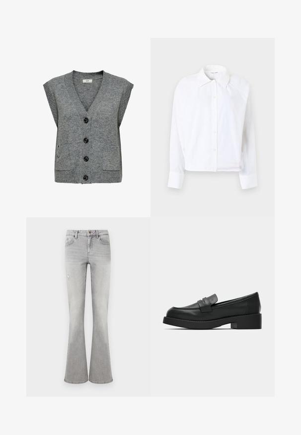 Chaleco de punto gris con escote en V, mangas cortas y cinco botones negros. Presenta dos bolsillos frontales y textura acanalada en los bordes.; Camisa blanca de botones con cuello, mangas largas y diseño corto. Hecha de tela ligera con textura sutil y costuras laterales.; Vaqueros de mujer acampanados de cintura alta en gris claro, con bolsillos delanteros, cierre de botones y un pequeño detalle desgastado en el muslo izquierdo.; Mocasines de cuero negro con textura lisa, punta redonda y tacón bajo y cuadrado. Presentan una correa sobre el empeine para un detalle adicional.