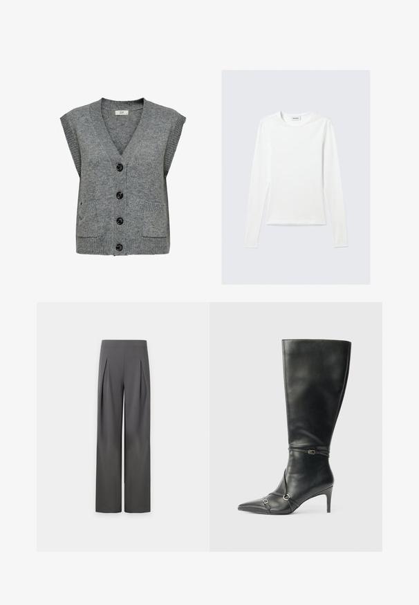 Chaleco de punto gris con escote en V, mangas cortas y cinco botones negros. Presenta dos bolsillos frontales y textura acanalada en los bordes.; Camiseta blanca lisa de manga larga con cuello redondo y corte ajustado, mostrada sobre un fondo gris claro.; Pantalones anchos de talle alto en color gris oscuro con pliegues delanteros que se extienden desde la cintura hasta la mitad del muslo, sobre un fondo neutro.; Botas negras de cuero hasta la rodilla con tacón delgado, punta afilada y detalles de diseño con correas en el tobillo. Textura suave y diseño ajustado.