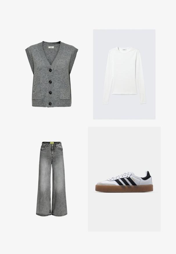 Chaleco de punto gris con escote en V, mangas cortas y cinco botones negros. Presenta dos bolsillos frontales y textura acanalada en los bordes.; Camiseta blanca lisa de manga larga con cuello redondo y corte ajustado, mostrada sobre un fondo gris claro.; Vaqueros de mezclilla gris de pierna ancha con cintura alta, cierre frontal de botones y cremallera, y trabillas para cinturón.; Zapatillas de cuero blancas con rayas negras, suela de goma, puntera redonda, cierre de cordones y caperuza de ante gris suave.