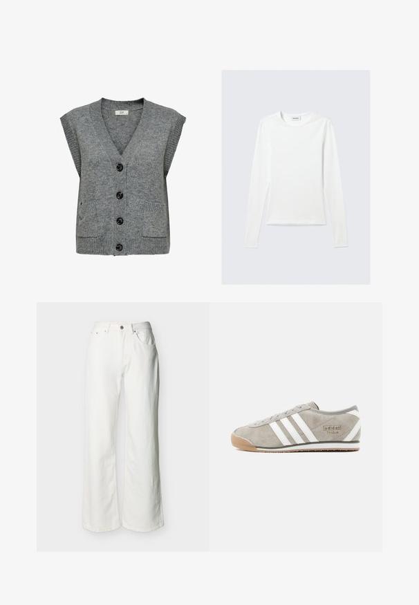 Grijze gebreide vest met V-hals, korte mouwen en vijf zwarte knopen. Voorzien van twee zijzakken en ribbelstructuur aan de randen.; Effen wit shirt met lange mouwen en ronde hals, slim fit, afgebeeld tegen een lichtgrijze achtergrond.; Witte high-waist jeans met knoop- en ritssluiting, voorspeten en licht uitlopende pijpen, weergegeven op een effen achtergrond.; Grijze suède sneaker met drie witte strepen, een afgeronde neus, een buitenzool van gumrubber en een klein merkdetail aan de zijkant.