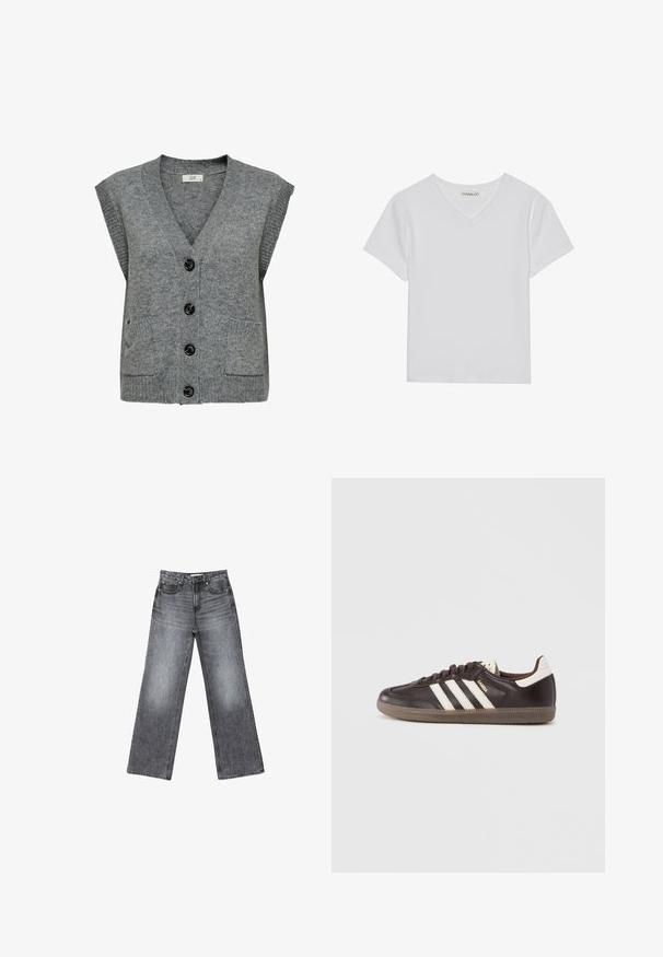 Grå strikket vest med V-hals, korte ærmer og fem sorte knapper. Har to frontlommer og ribbet tekstur ved kanterne.; Hvid kortærmet V-hals t-shirt lavet af ribbet stof. Har et rent design med en lige kant og minimal detaljer.; Bredde ben mørkegrå denimjeans med en falmet finish, fem lommer, en knaplukning og subtile sømdetaljer langs sømmene.; Mørkebrune lædersneakers med hvidt tre-stribet design, en gummisål og "Samba" i gyldne bogstaver på siden. Klassisk lavtopform.