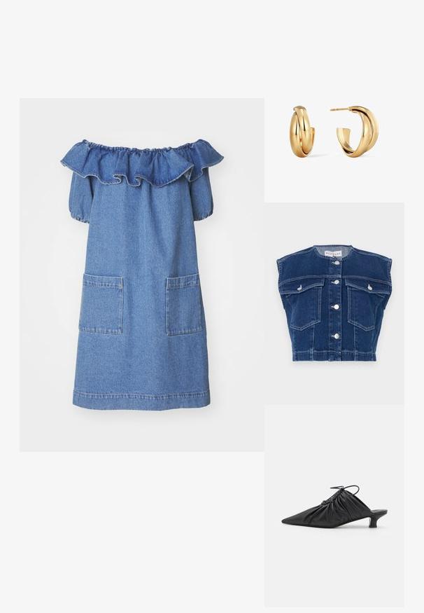 Mørkeblå denimvest med rund udskæring, ærmeløst design, fire frontlommer og sølvknapper foran.; Jeanskjole med off-the-shoulder design, flæsekant ved halsen, korte puffærmer og to frontlommer. Blå stof med en glat tekstur.; Sorte læder slip-on mules med spids tå, samlet tekstur og en lille kitten heel. Har en snor-detalje ved åbningen.; Par glinsende gyldne snoede hoop-øreringe, den ene vist forfra og den anden fra siden med synlig stift og lås.