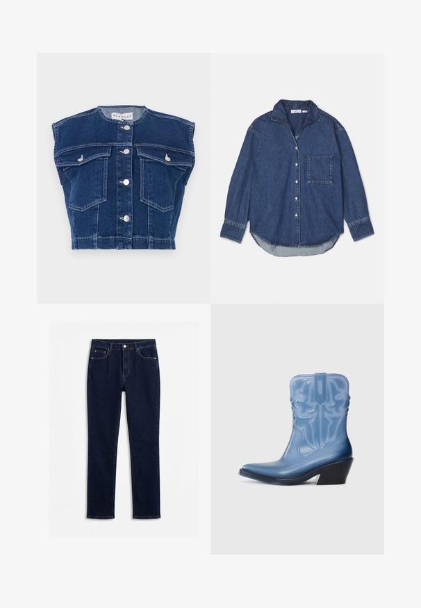 Donkerblauw denimvest met een ronde halslijn, mouwloos ontwerp, vier voorkruiszakken en zilveren knopen aan de voorkant.; Donkerblauwe denimshirt met een kraag, knoopsluitingen, één borstzak en lange mouwen met een afgeronde zoom. Zachte textuur.; Donkerblauwe slim-fit jeans met knopen aan de voorkant, rits, riemlussen en vijf zakken, plat gelegd op een witte achtergrond.; Blauwe rubberen cowboylaars met een spitse neus, decoratieve stiksels en een zwarte wiggenhak. Lange schacht met een gestructureerd patroon.