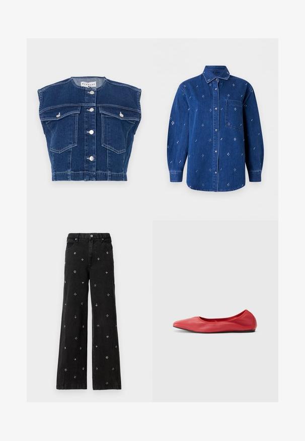 Donkerblauw denimvest met een ronde halslijn, mouwloos ontwerp, vier voorkruiszakken en zilveren knopen aan de voorkant.; Blauw denim overhemd met knopen, lange mouwen, kraag, borstzak en een klein wit kruisvormig borduurpatroon over het hele shirt.; Zwarte wijde jeans van denim met ingewikkelde zilveren beadings en borduursels in bloem- en geometrische patronen doorheen.; Filippa K REY FLATS - Ballerina's - bright red