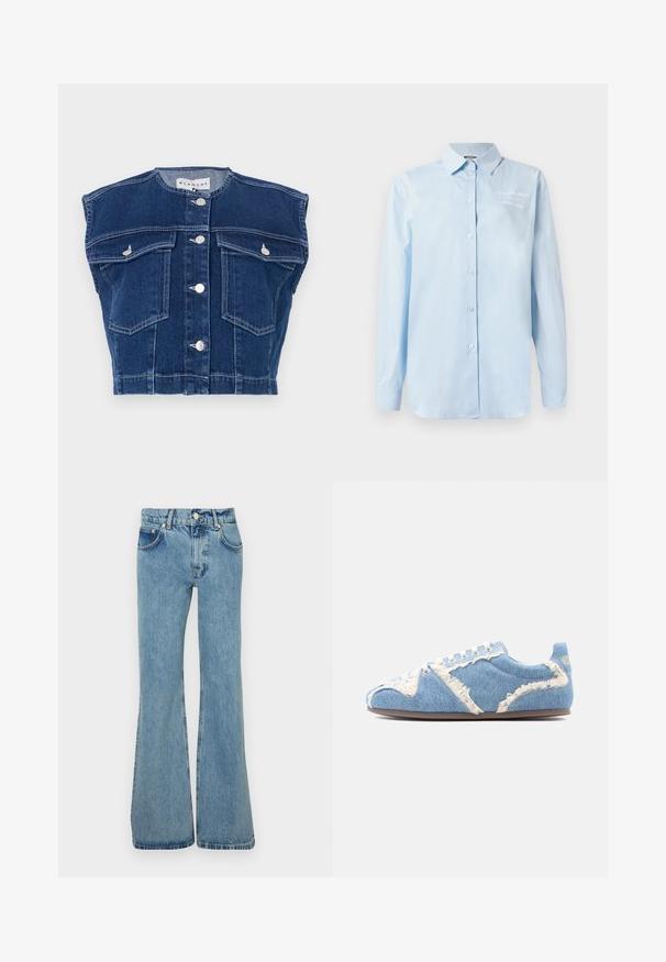 Donkerblauw denimvest met een ronde halslijn, mouwloos ontwerp, vier voorkruiszakken en zilveren knopen aan de voorkant.; Lichtblauw overhemden van katoen. Beschikt over een klassieke kraag, lange mouwen en geborduurde details op de bovenste linkerkant.; Lichtblauwe flared jeans van denim, met een hoge tailleband, voorzakken en rafelige рanden voor een relaxte pasvorm.; Sneaker met een laag profiel van lichtblauwe spijkerstof en rafelige randen, witte veters en een dunne bruine zool op een effen achtergrond.