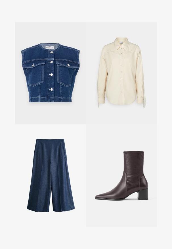 Mørkeblå denimvest med rund udskæring, ærmeløst design, fire frontlommer og sølvknapper foran.; Skjorte med knapper i lysebeige bomuld med broderede detaljer og frynsede detaljer på ærmerne; har en spids krave og knapper foran.; Bredbenede mørkeblå denimbukser med høj talje og lodrette syninger, med front sidelommer med slidser.; Mørkebrun læderstøvle til midt på læggen med spids tå og blokhæl, glat finish og sømdetaljer langs siderne.