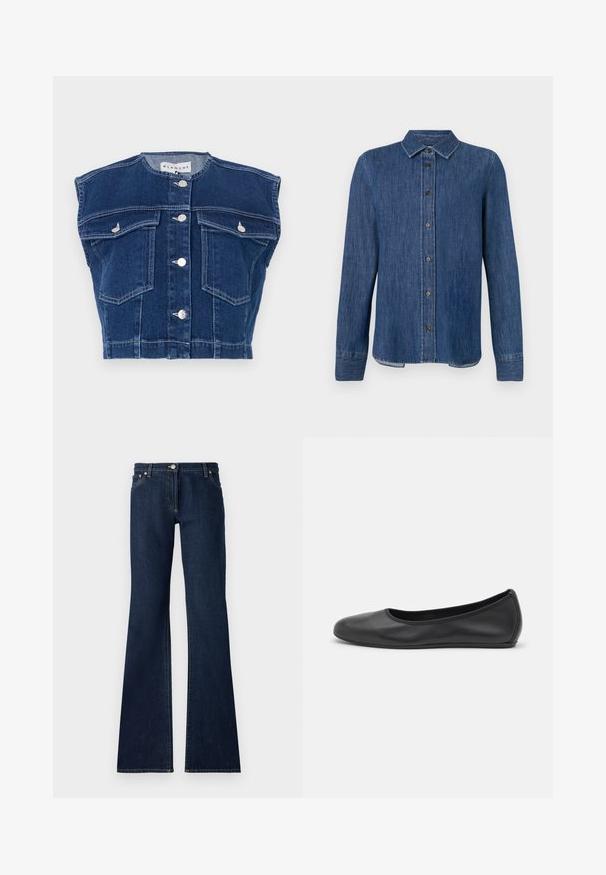 Chaleco de mezclilla azul marino con cuello redondo, diseño sin mangas, cuatro bolsillos delanteros y botones plateados en la parte delantera.; Camisa de denim azul oscuro con mangas largas, frente abotonado, cuello clásico y costuras visibles. Presenta un dobladillo recto con ligera curva en los lados.; Vaqueros de mezclilla de tiro bajo y campana en azul oscuro, con un diseño de cinco bolsillos, pasadores para cinturón y costuras en amarillo contrastante a lo largo de las costuras.; Bailarina de piel negra con punta redondeada, textura suave, detalle de costura minimalista y diseño de suela flexible.