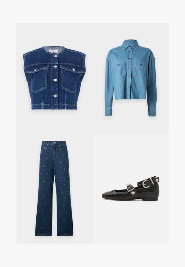 Mørkeblå denimvest med rund udskæring, ærmeløst design, fire frontlommer og sølvknapper foran.; CLOSED CROPPED FRONT OVERSIZED - Skjortebluser - mid blue; Mørkeblå jeans med vide ben og høj talje, sølvfarvet knap, forlommer og et diskret prikket mønster over hele stoffet.; Sorte patenteret lædersko med firkantet tå, ankelrem med sølvhardware og flad sål. Glat tekstur med minimalistisk design.