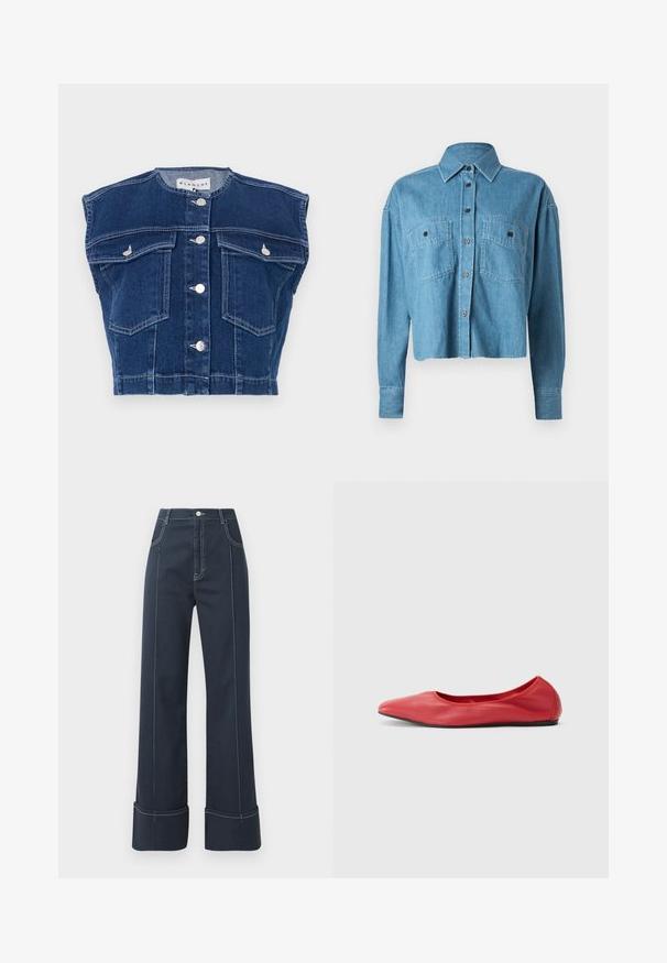 Chaleco de mezclilla azul marino con cuello redondo, diseño sin mangas, cuatro bolsillos delanteros y botones plateados en la parte delantera.; CLOSED CROPPED FRONT OVERSIZED - Blusa - mid blue; Vaqueros de pierna ancha de un azul oscuro, hechos de denim, con costuras blancas contrastantes y un dobladillo doblado. De cintura alta y con dos bolsillos delanteros.; Filippa K REY FLATS - Bailarinas - bright red
