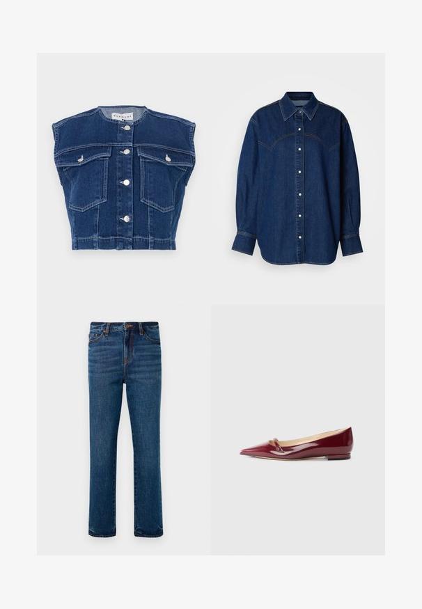 Mørkeblå denimvest med rund udskæring, ærmeløst design, fire frontlommer og sølvknapper foran.; Mørkeblå denimskjorte med knaplukning foran, klassisk krave, lange ærmer og kontrasterende syninger over skuldrene.; Mørkeblå denimjeans med lige bendesign, udstyret med orange syninger og en lukning med frontknap. Fem lommer inkluderet.; Bordeaux patenteret læderballerinaer med spids tå, der har en lille udskæring og en lav hæl. Glat tekstur og elegant design.
