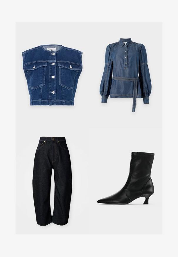 Donkerblauw denimvest met een ronde halslijn, mouwloos ontwerp, vier voorkruiszakken en zilveren knopen aan de voorkant.; Denim shirt met een kraag, knoopsluiting en opstaande mouwen. Kenmerkt zich door een ceintuur in de taille en contrasterende stiksels. Donkerblauwe kleur.; Donkerdenim jeans met een relaxte pasvorm, voorzien van subtiele oranje stiksels, voorzakken en een platte tailleband met een knoopsluiting.; Zwarte leren midkuitlaars met spitse neus en lage kittenhak, zijaanzicht op een effen lichte achtergrond.