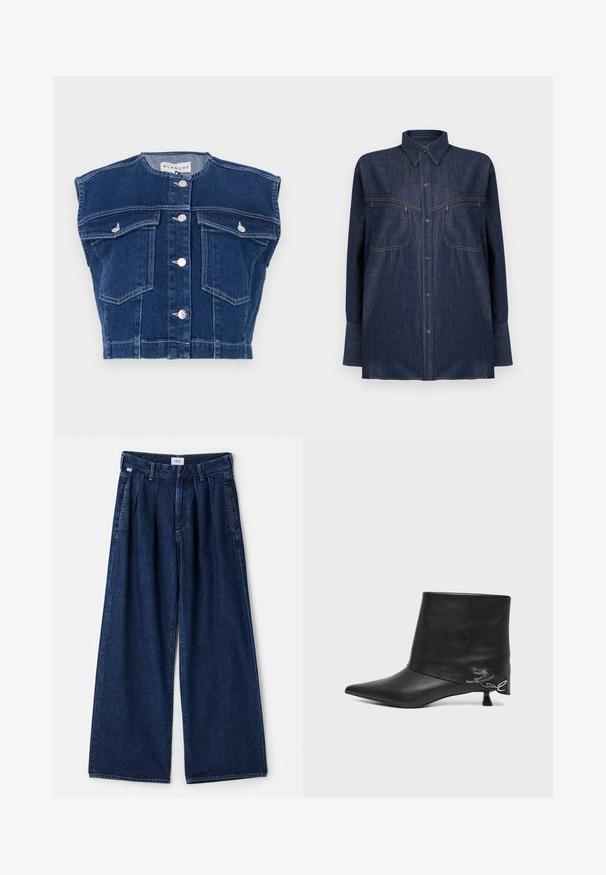 Donkerblauw denimvest met een ronde halslijn, mouwloos ontwerp, vier voorkruiszakken en zilveren knopen aan de voorkant.; Donkerblauw denim overhemd met lange mouwen, knoopsluiting aan de voorkant, twee borstzakken en contrasterende oranje stiksels. Klassieke kraag en een losse pasvorm.; Wijdvallende blauwe denim broek met plooien, voorzien van een hoge taille, voorzakken en een gestructureerde afwerking. De stof is dik en stevig.; Zwarte leren enkellaars met puntige neus, korte kitten heel en zilveren schrift-detail nabij de hiel.