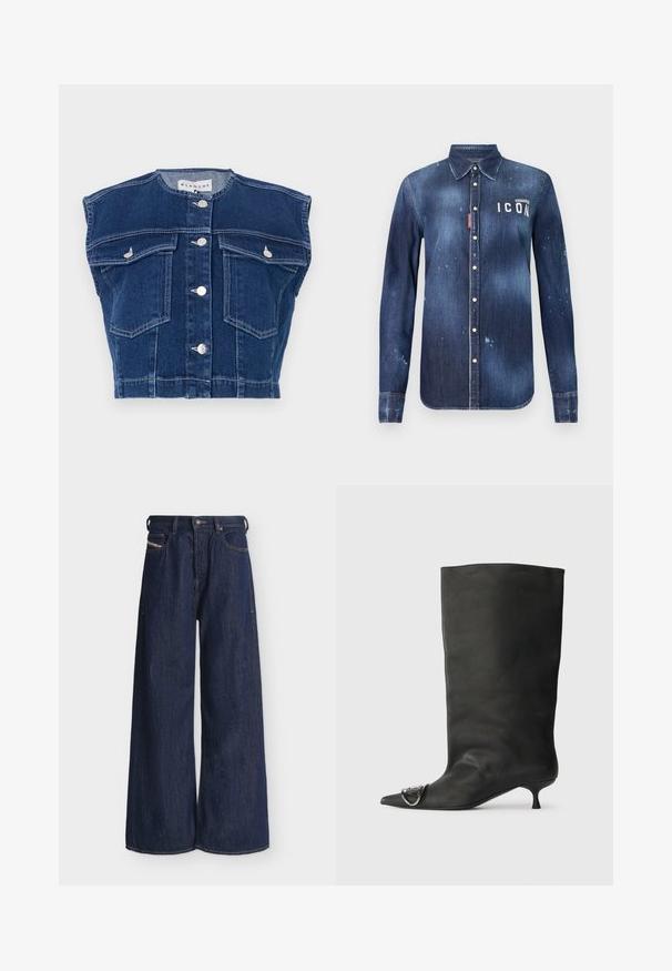 Mørkeblå denimvest med rund udskæring, ærmeløst design, fire frontlommer og sølvknapper foran.; Denimskjorte i mørkeblå, med knap-ned design, bevaret slid, distressed detaljer og hvid "ICON" tekst på brystet.; Mørkeblå vidde jeans med knapper og lynlås foran, bæltestropper og fem-lomme design.; Sort læder ankelstøvle med spidse tå, lille hæl og metallisk detalje på tæerne. Glat, mat overflade hele vejen igennem.