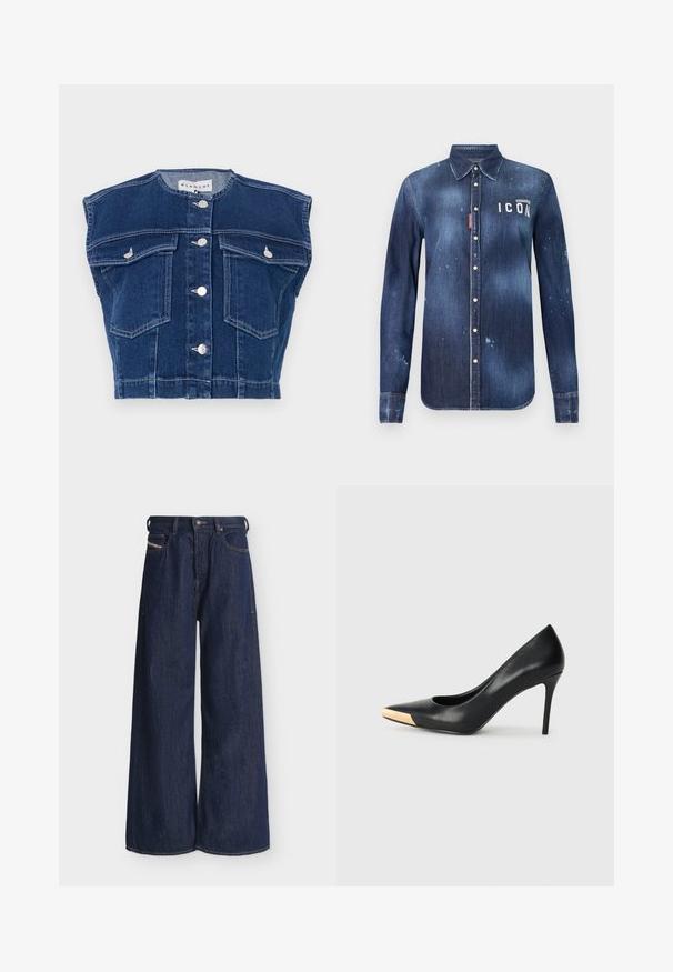 Chaleco de mezclilla azul marino con cuello redondo, diseño sin mangas, cuatro bolsillos delanteros y botones plateados en la parte delantera.; Camisa de denim en azul oscuro, con un diseño de botones, desgarros preservados, acentos desgastados y texto blanco "ICON" en el pecho.; Vaqueros de mezclilla azul oscuro, de pierna ancha, con botón y cremallera delanteros, trabillas para cinturón y diseño de cinco bolsillos.; Zapato de tacón alto de cuero negro con puntera afilada; presenta un detalle metálico dorado en la tapa del tacón. Superficie lisa con un diseño elegante.