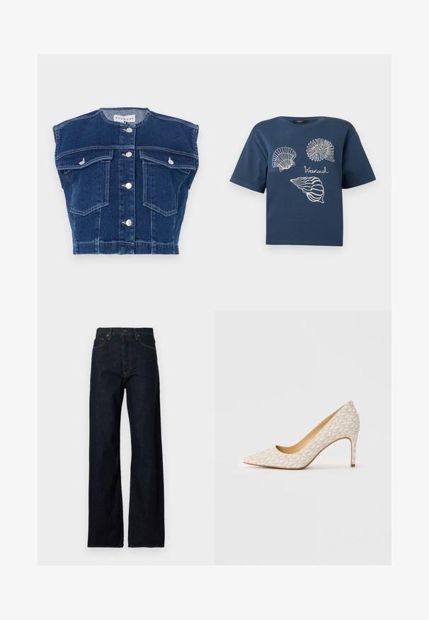 Mørkeblå denimvest med rund udskæring, ærmeløst design, fire frontlommer og sølvknapper foran.; Marineblå kortærmet skjorte med hvide konturtegninger af tre muslinger og ordet "Weekend" på fronten.; Mørkeblå denimjeans med høj talje, med lige ben, fem-lommer-stil og kontrastfarvet syning på sømmene.; Beige højhælet pumpe med spids tå, slank stiletthæl og subtil geometrisk mønster på det stofbeklædte overdel.