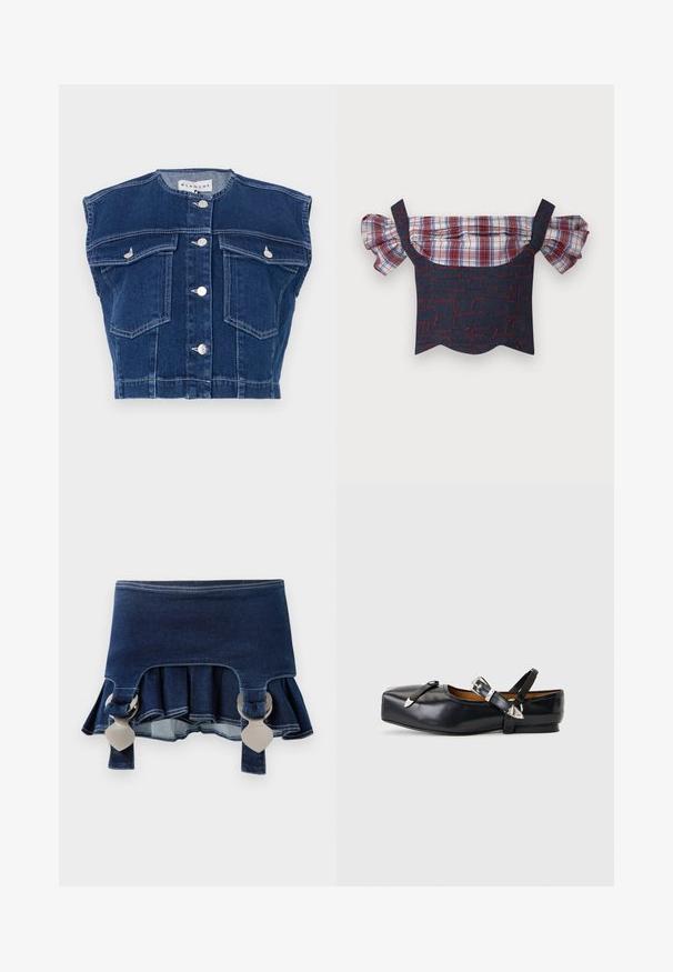 Mørkeblå denimvest med rund udskæring, ærmeløst design, fire frontlommer og sølvknapper foran.; Denim off-the-shoulder top med pufferede plaid-ærmer, der har en rød og blå mønstret krop og bølget kant. Justerbare stropper inkluderet.; Denimnederdel med en udvidet bund. Har to justerbare grå spænder, mørkeblå farve og kontrasterende syninger langs kanten.; Sort læderflat sko med firkantet tå, to sølvspænderemme og en lav hæl på en lysegrå baggrund.