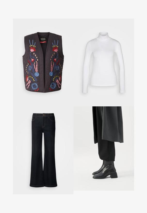 Gilet matelassé noir ornés de motifs floraux brodés colorés en rouge, bleu, rose et jaune. Aucune boutonnière ni fermeture visible.; Chemise à col roulé blanc à manches longues en tissu lisse et extensible. Offre une coupe ajustée et un col haut. Pas de motifs ni d'accents visibles.; Mos Mosh MMDARA DELUXE JEANS - Jean boyfriend - dark blue; Bottines en cuir noir à talons blocs bas portées avec un pantalon noir et un long manteau gris foncé.