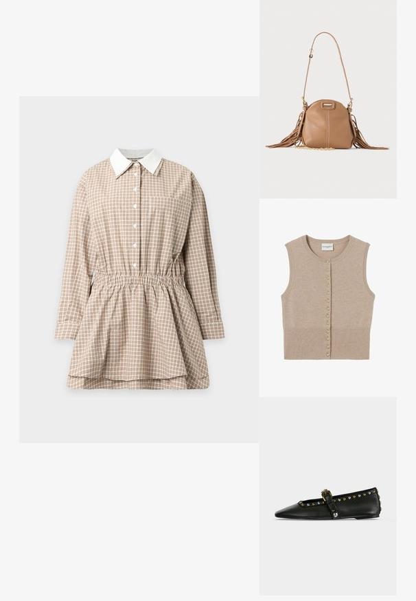 Cárdigan de punto sin mangas en color beige con cuello redondo, que presenta cierres de botones en tono dorado en la parte frontal y una textura de ribete en el dobladillo.; Vestido beige de cuadros con manga larga, cuello blanco puntiagudo, cierre frontal con botones, cintura elástica y dobladillo de falda fruncido, exhibido sobre fondo liso.; Zapato plano negro de punta afilada con una correa, tachuelas doradas y plateadas en el borde y una hebilla metálica decorativa sobre un fondo claro.; Pequeño bolso de cuero color cuero claro con correa larga, detalle de cadena dorada y flecos en ambos lados sobre un fondo neutro.