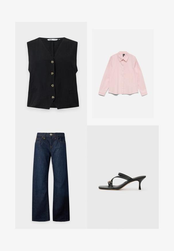Gilet noir sans manches avec col en V et quatre boutons marron sur le devant, présentant deux petites poches fendues sur les côtés.; Chemise rose clair à manches longues avec col et boutons, étalée à plat sur un fond blanc.; Jean bleu foncé à jambes larges avec bouton et fermeture éclair, poches avant et arrière, passants de ceinture et surpiqûres contrastées, disposé à plat sur fond blanc.; Sandales à talons noirs avec un bout carré, deux brides croisées, accent de boucle dorée et un fin talon haut. Texture en cuir lisse.