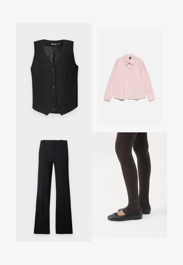Chaleco negro con escote en V, diseño sin mangas y cinco cierres de botón. Fabricado con tejido texturizado y forro interior suave.; Camisa de manga larga de color rosa claro con botones y cuello, extendida sobre un fondo blanco.; Pantalones de campana negros con una textura suave, que presentan una cintura ajustada, lazos para cinturón y un diseño limpio que se extiende hasta un dobladillo amplio.; Piernas con leggings oscuros acanalados combinados con bailarinas negras que presentan pequeños detalles de lazo sobre un fondo blanco.
