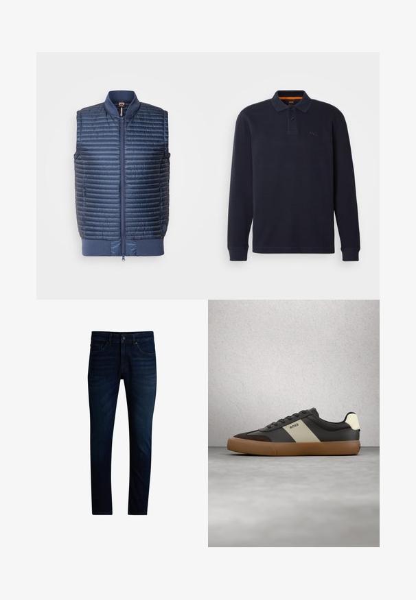 Navyblauwe gewatteerde geïsoleerde vest met een ritssluiting aan de voorkant, geribbelde kraag en zijzakken; lichtgewicht en zachte textuur.; Marineblauwe longsleeve polo-shirt van gestructureerde stof met een knoopsluiting bij de hals. Bevat een klein geborduurd logo op de borst.; Donkerblauwe slimfit jeans met een knoop- en ritsluiting aan de voorkant, vijfzakkenmodel en lichte vervaging op de dijen.; Zwarte en bruine sneaker met een beige streep en "BOSS"-logo, zwevend boven een grijze betonnen vloer en een achtergrond van glazen blokkenwand.