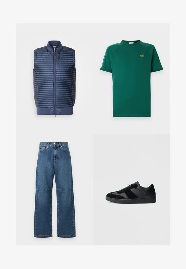 Marineblauer, gesteppter, isolierter Weste mit Reißverschluss, geripptem Kragen und Seitentaschen; leicht und mit glatter Textur.; Grünes Adidas-T-Shirt mit kurzen Ärmeln und Rundhalsausschnitt, goldenem Trefoil-Logo auf der Brust und weißen Streifen mit grünen Kanten entlang der Schultern.; Blaue Jeans aus Denim mit entspannter Passform, geraden Beinen, sichtbarem Nähen und einem vorderen Knopfverschluss. Verfügt über eine Seitentasche mit einem Akzent.; Schwarze Sneaker aus einer Mischung von glattem Leder und Wildleder, mit einer strukturierten schwarzen Gummisohle und dezenten Streifendetails.