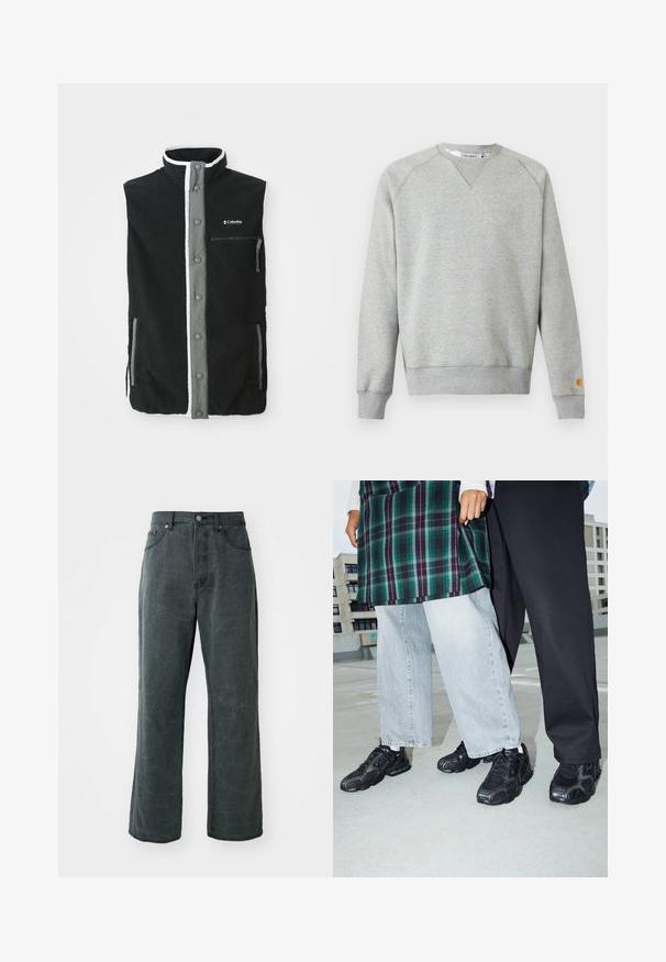 Must must vest must hallide hallide eesudega, lukuga rinna tasku, kaks küljetaskut ja Columbia Sportswear logo rinnal.; Helehall hall crewneck-tüüpne dressipluus pikkade varrukate ja soonikkoes mansettidega ning väike logoga tahvel vasaku varruka mansetil.; Laiad tumedad hallid teksad, mis on valmistatud denimist, kõrge vöökohaga, viie taskuga disainiga ja kergelt kulunud tekstuuriga.; Mustad mustad jalanõud, millel on võrkkangast ja kummist aktsendid. Kannab heledat halli laiade jalgadega teksapükse ja ruudulist rohelisest topi. Lame pind taust.