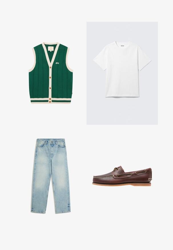 Cardigan sans manches vert tricoté avec bordure blanche, boutons marron, texture verticale et petit logo blanc brodé sur le côté gauche de la poitrine.; T-shirt blanc à manches courtes et col rond, étalé à plat, design uni, avec l'étiquette "WEEKDAY" à l'intérieur du col sur un fond clair.; Jean bleu clair à jambe droite avec taille haute, bouton sur le devant, fermeture éclair, passants de ceinture et poches avant, présenté à plat sur fond blanc.; Chaussure bateau en cuir marron avec coutures blanches, détails de lacets et semelle en caoutchouc beige, vue de côté sur fond blanc.
